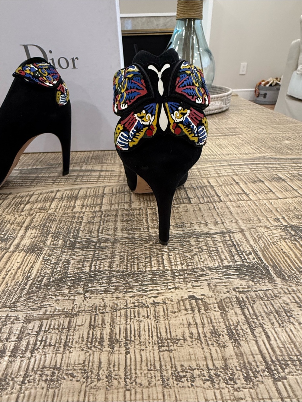 Dior Black Suede Pointed Pumps with Multicolor Embellished Heel Accent - Picture 6 of 15